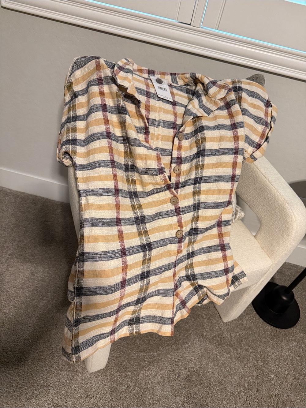 Free People Plaid Short-Sleeve Button-Down Shirt in Yellow, Gray & Red